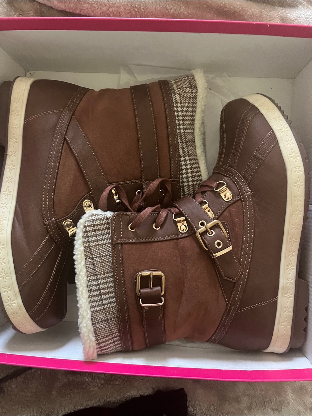 Shoe Dazzle Brown Faux-Shearling Plaid-Trim Lace-Up Winter Boots